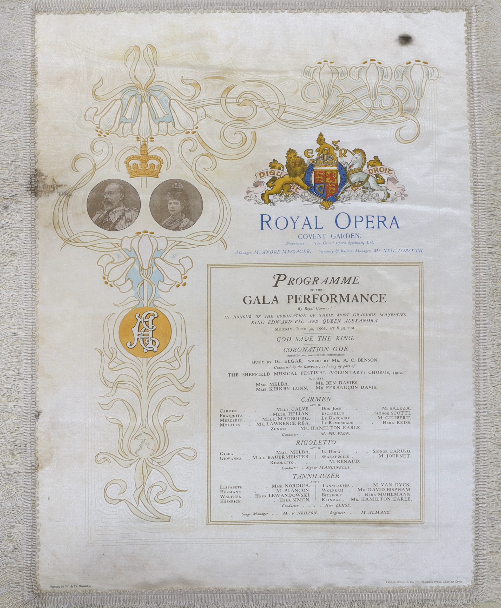 An early 20th century silk opera programme, Royal Opera House Covent Garden, Gala Performance 30th June 1902, printed by Finden Brown & Co., 36 x 27cm not including fringe
